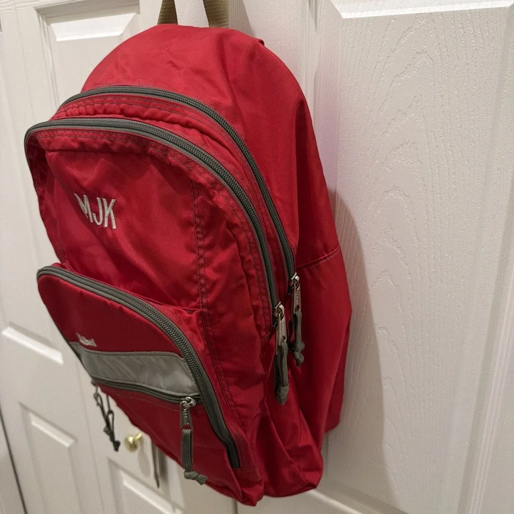 LL Bean Reflective Red Backpack Book Bag Personalized MJK Strap Zip Vintage 90s